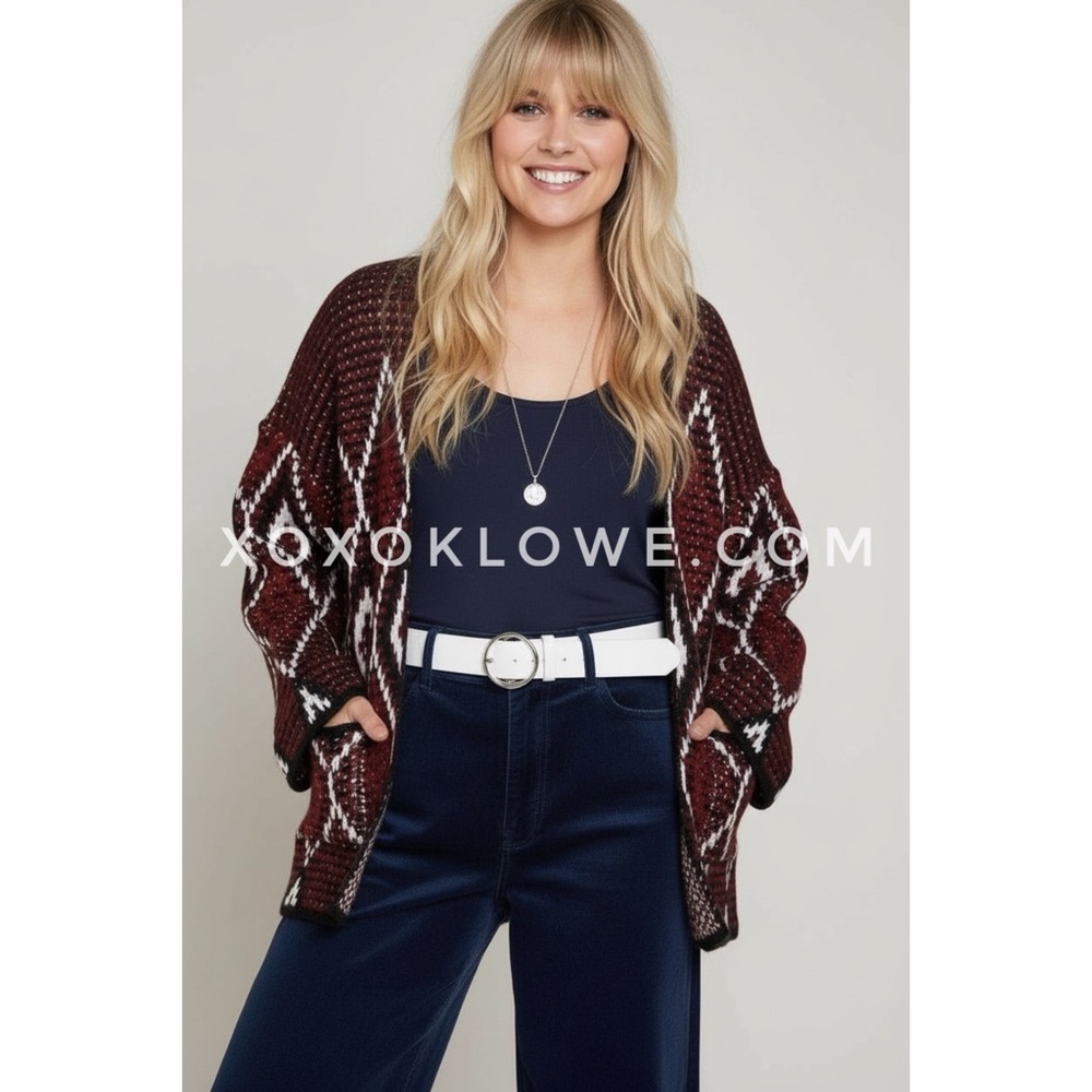 POL Burgundy Diamond Pattern Cardigan | Southwestern Chunky Knit Relaxed Fit - Picture 9 of 9